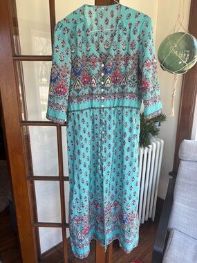 Turquoise Floral Border Button-Front Maxi Dress